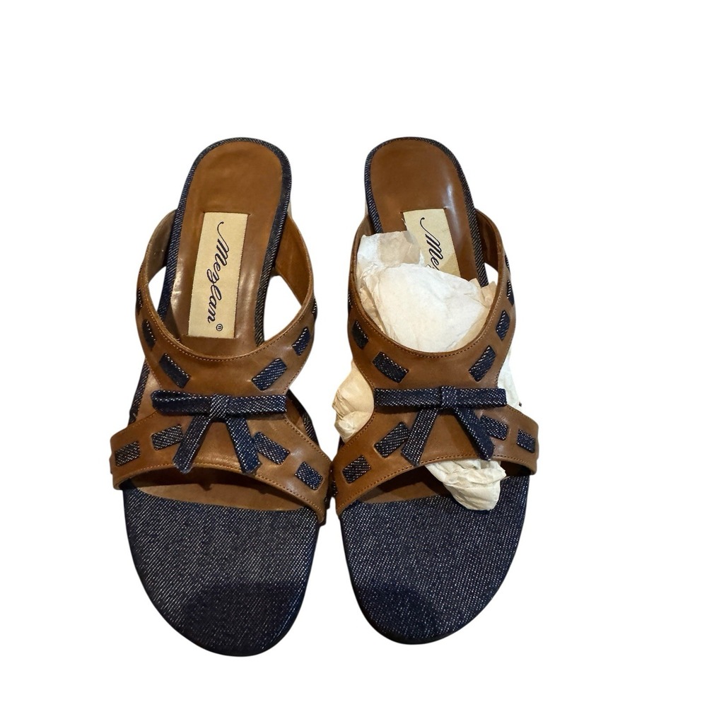Mezlan Heeled Brown Leather Denim Sandals Bow Size 5.5‎